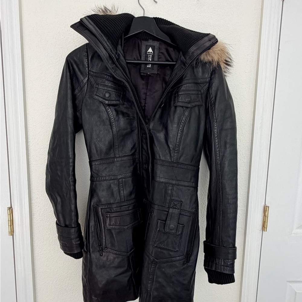 Top Gun Women’s Black Leather Long Coat Jacket Fur Hood S Genuine Leather
